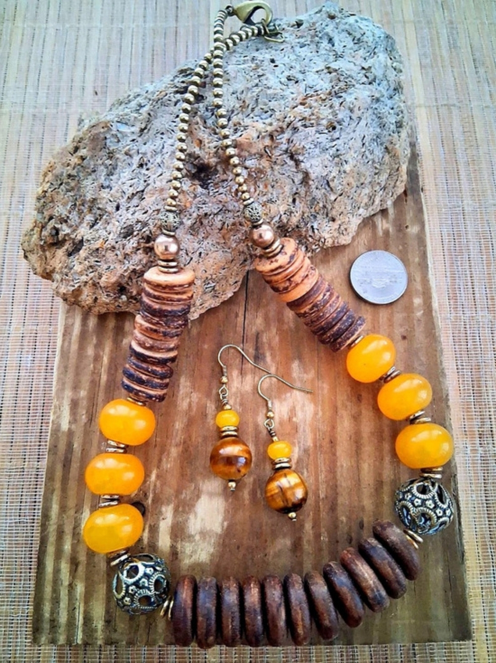 Jade, Wood & Coconut Shell Necklace